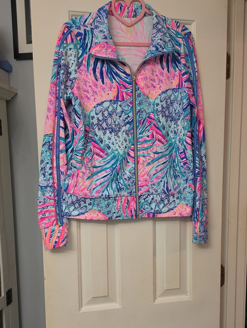 Lilly Pulitzer Pink Teal Tropical Zip Jacket with Gold Zipper Size Small EUC